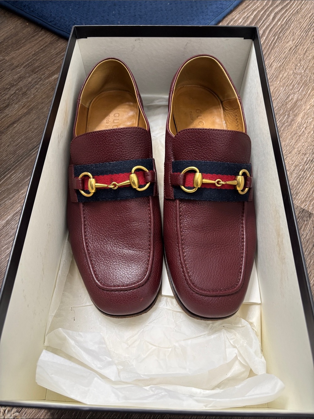 Gucci Men's Burgundy Leather Horsebit Slip-On Loafers with Navy-Red Web